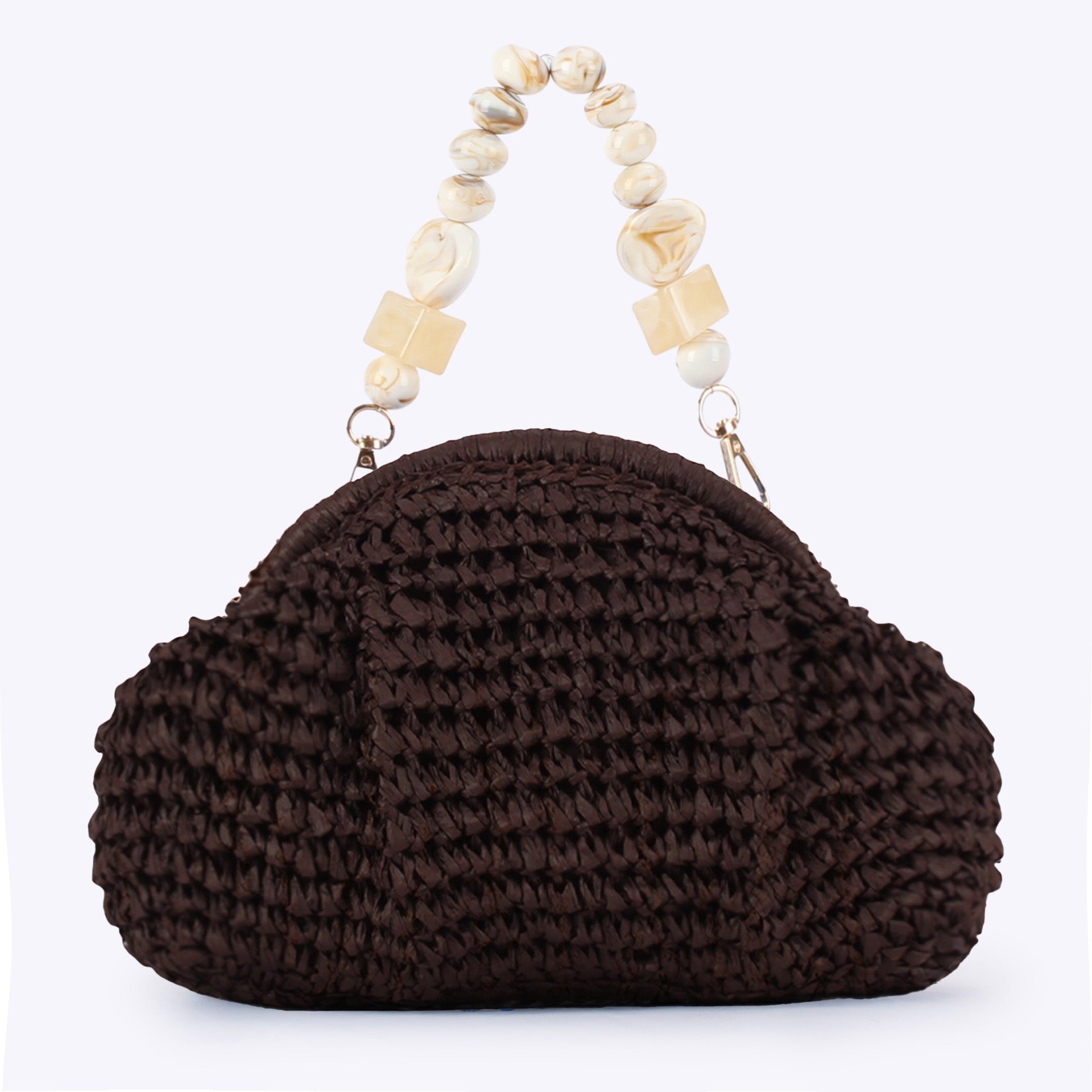 Bohème — Pochette croissant au crochet, anse perles marbrées