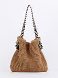 Nomade — Cabas au crochet camel, anse jacquard rayée