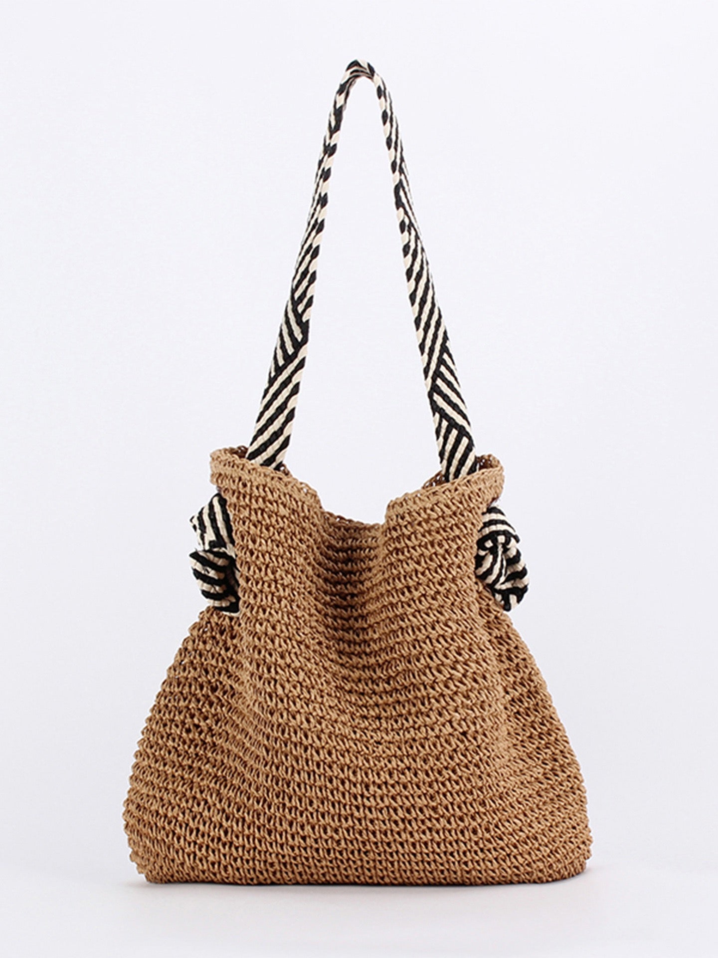 Nomade — Cabas au crochet camel, anse jacquard rayée