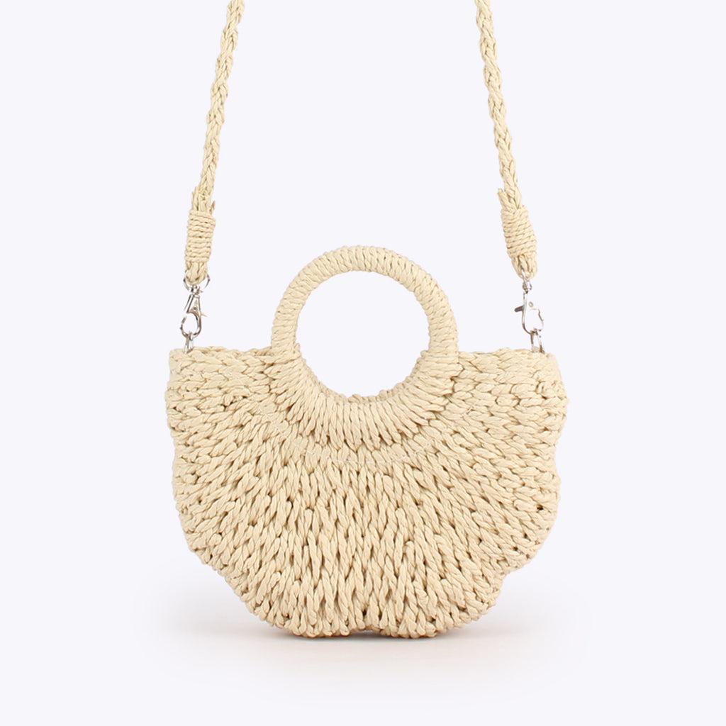 Douceur — Mini sac demi-lune paille à anses anneaux & bandoulière