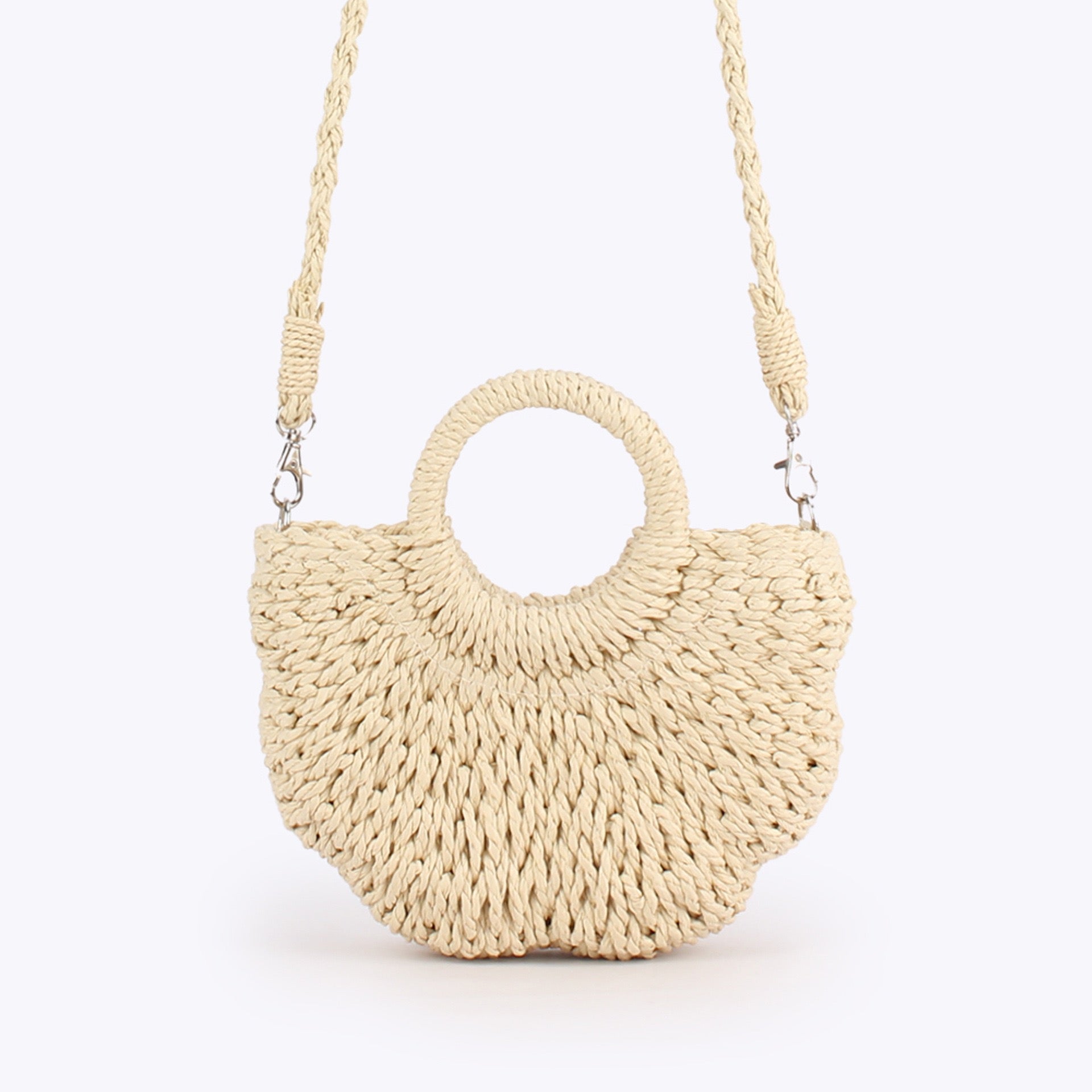 Douceur — Mini sac demi-lune paille à anses anneaux & bandoulière