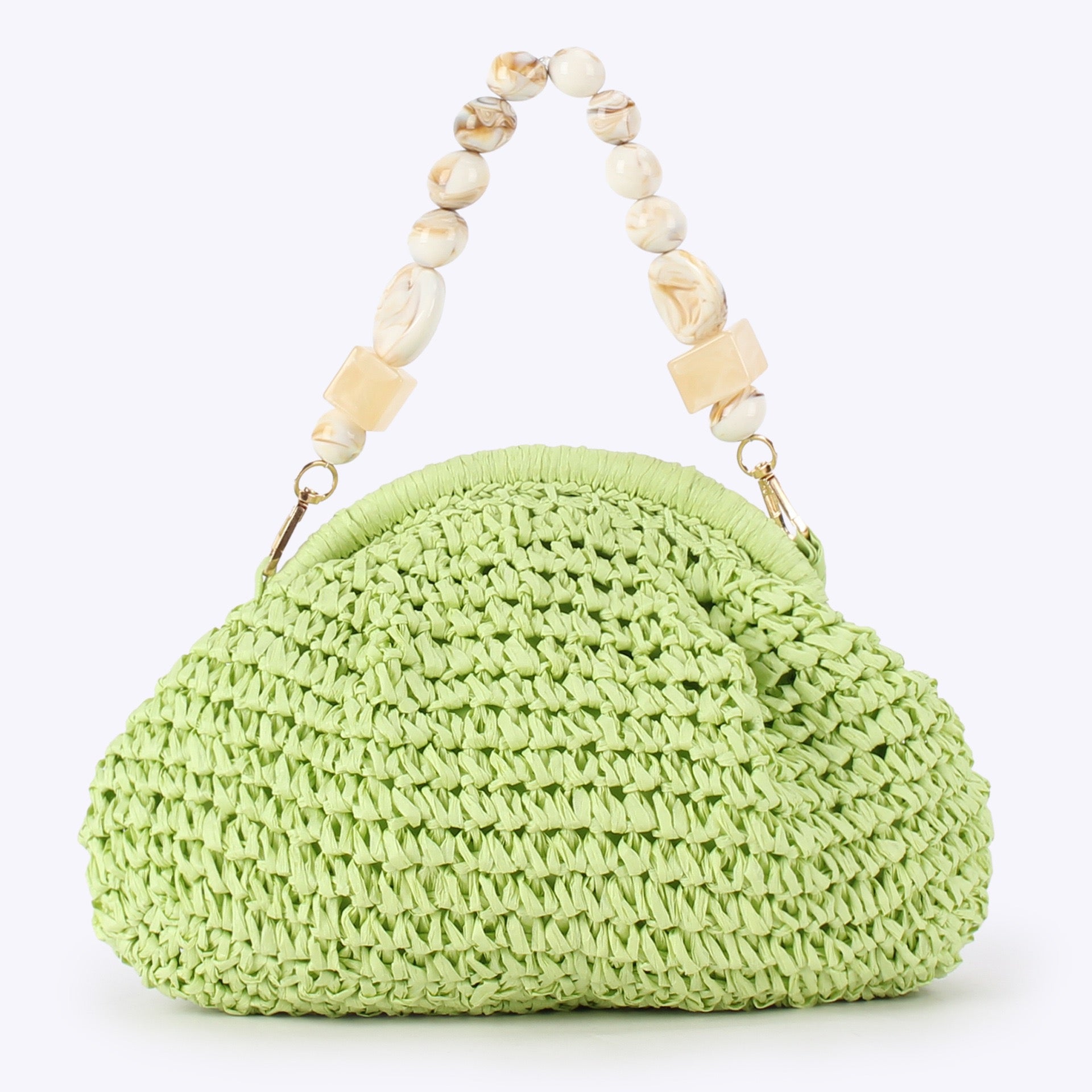 Bohème — Pochette croissant au crochet, anse perles marbrées