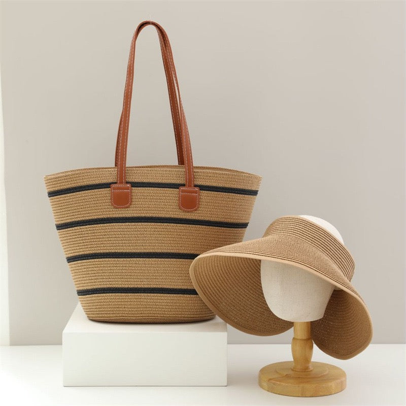 Marrakech Duo — Cabas rayé anses cuir & chapeau large bord