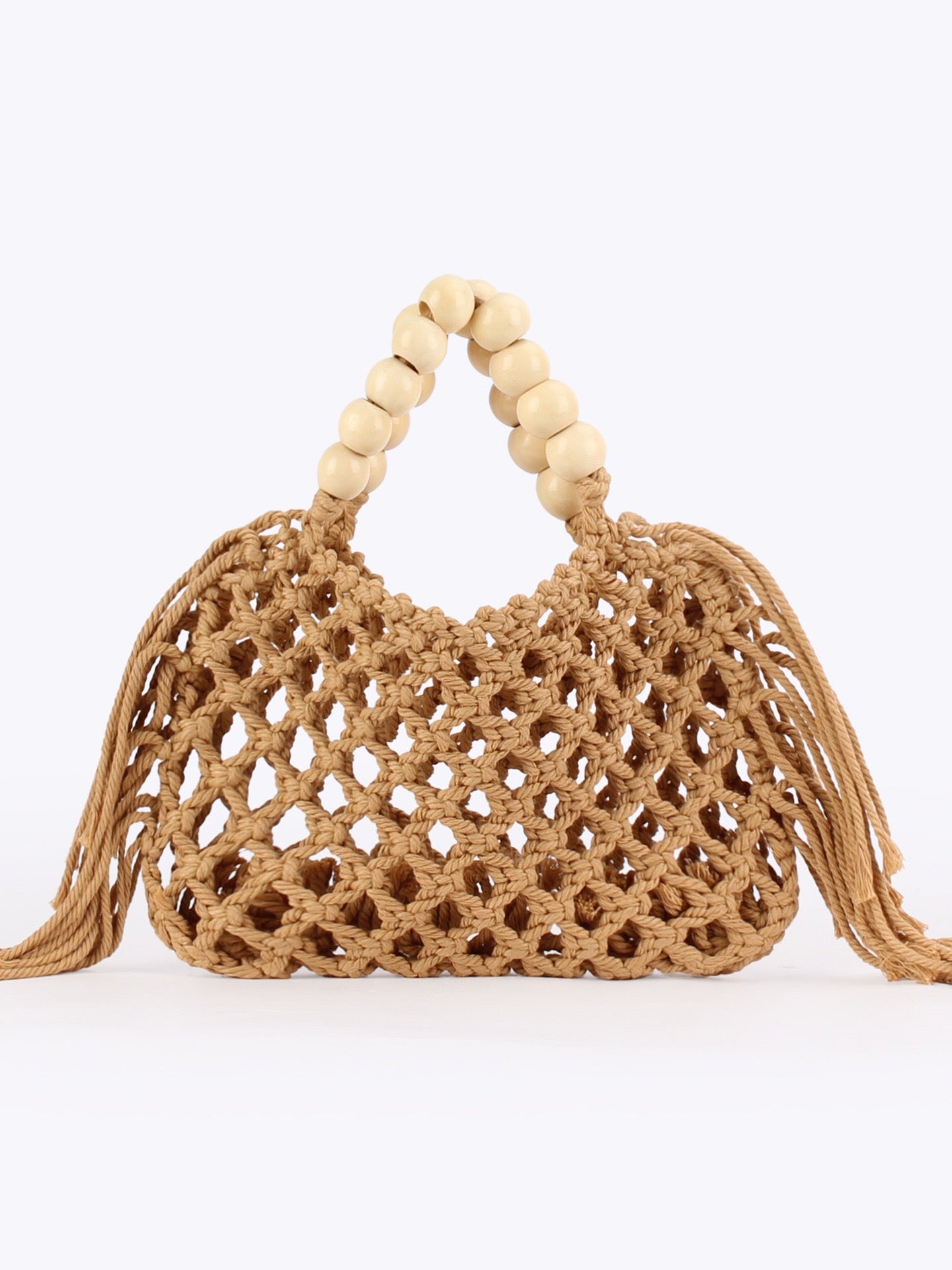 Azur — Mini sac filet macramé bleu, anse perles bois