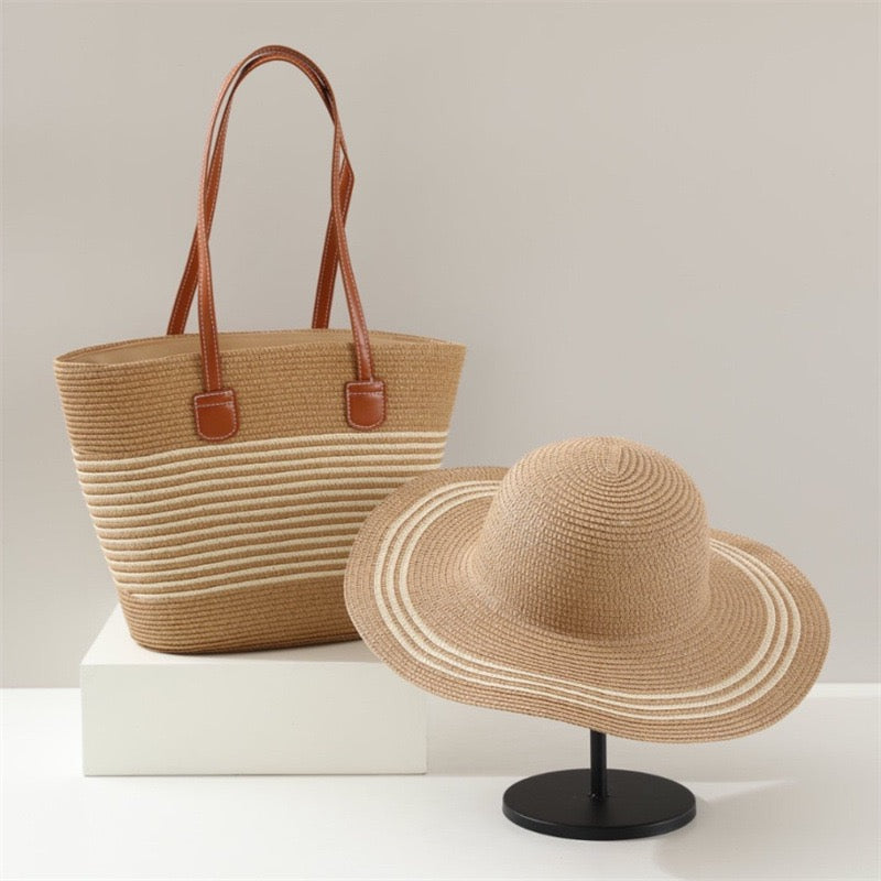 Sahara Duo — Cabas tissé rayé & chapeau à large bord assorti