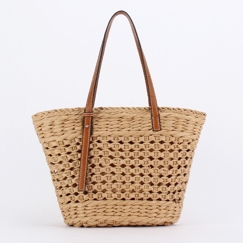 Horizon — Panier paille ajourée ivoire, anses cuir camel