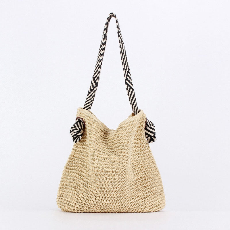 Nomade — Cabas au crochet camel, anse jacquard rayée
