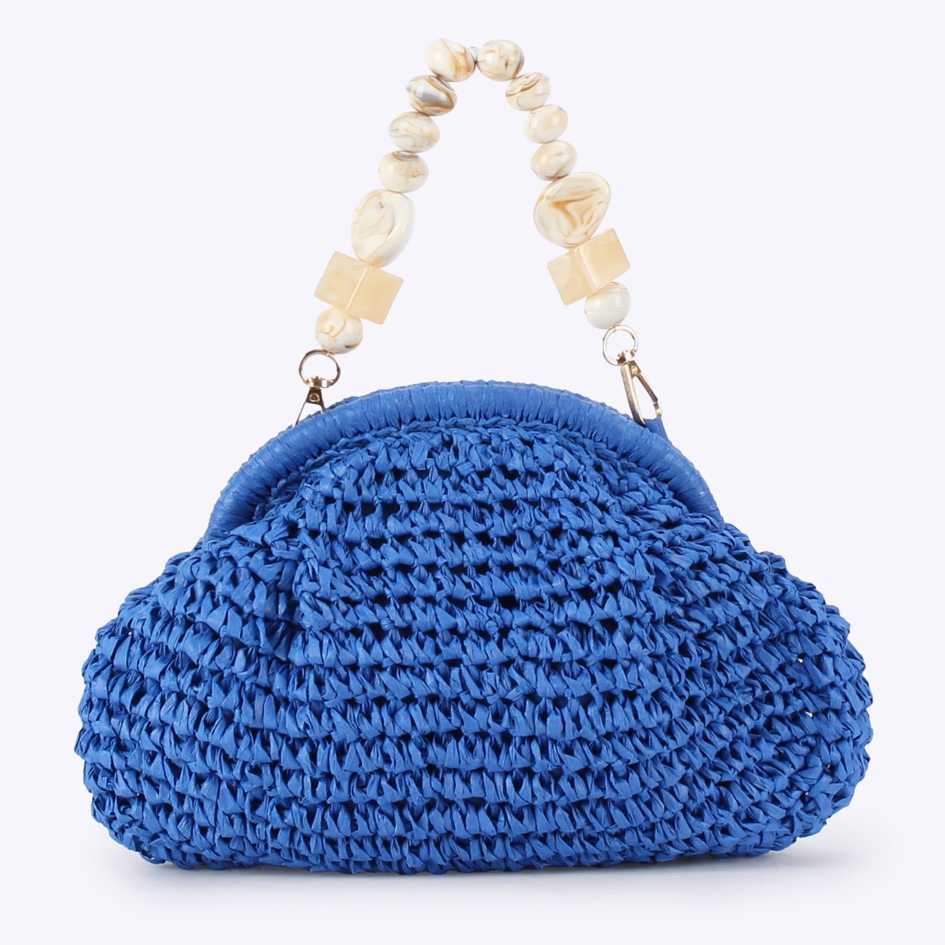 Bohème — Pochette croissant au crochet, anse perles marbrées