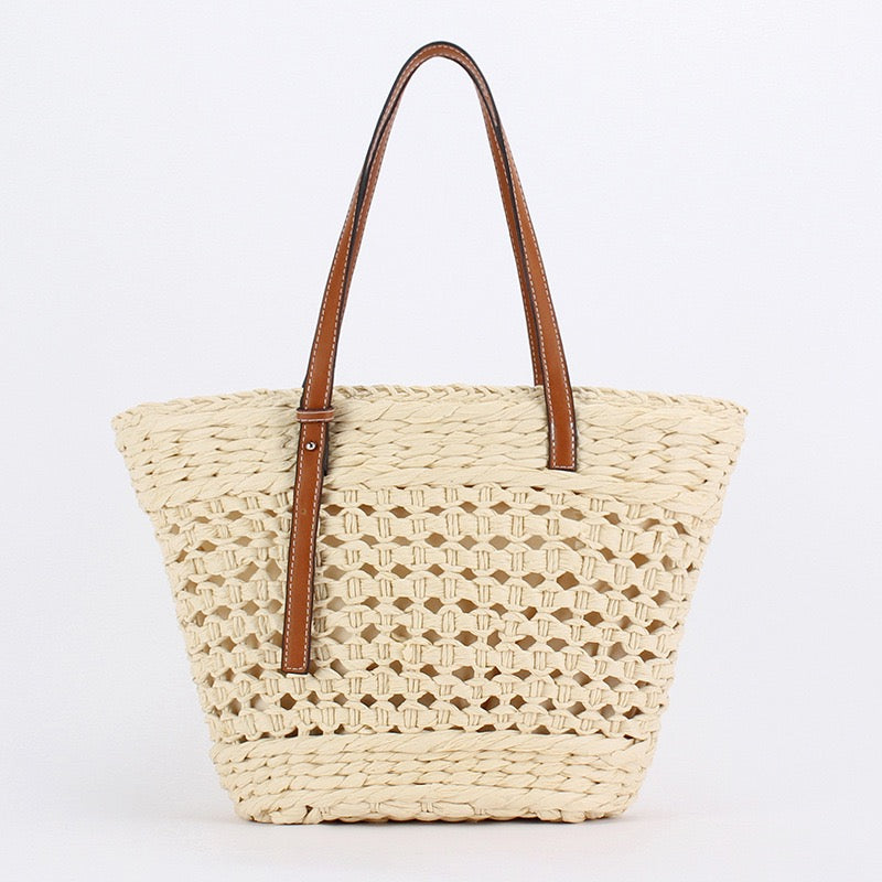Horizon — Panier paille ajourée ivoire, anses cuir camel