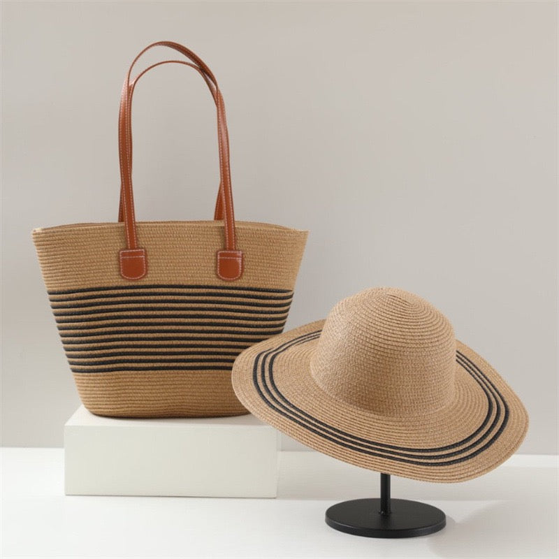 Sahara Duo — Cabas tissé rayé & chapeau à large bord assorti