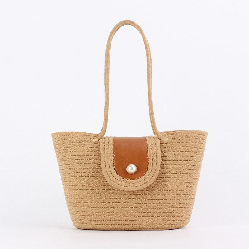 Riviera Marine — Panier corde camel, rabat cuir & perle