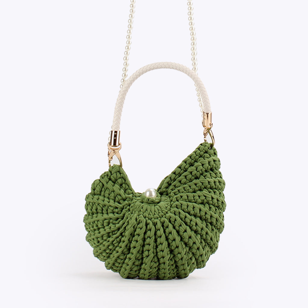 Nordique — Sac coquillage crochet chunky, anse perles & top-handle