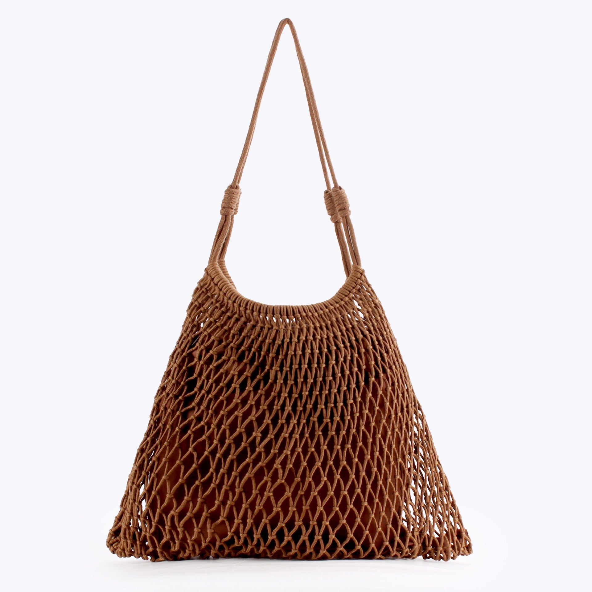 Palmeraie — Grand sac filet macramé camel, anses nouées