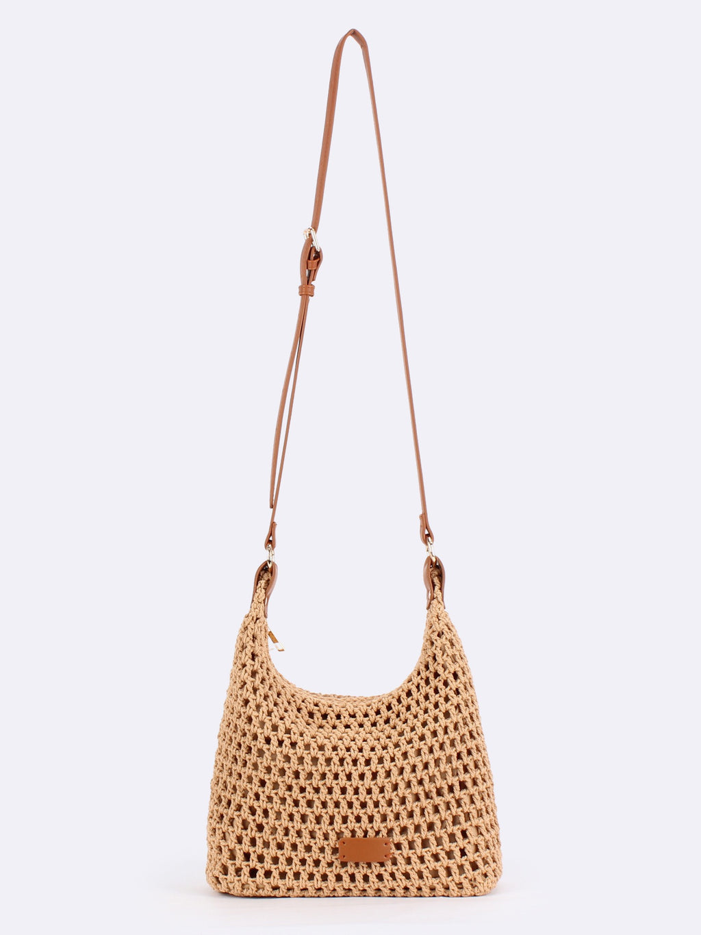 Velours Doré — Sac bandoulière crochet ajouré camel, anse cuir réglable