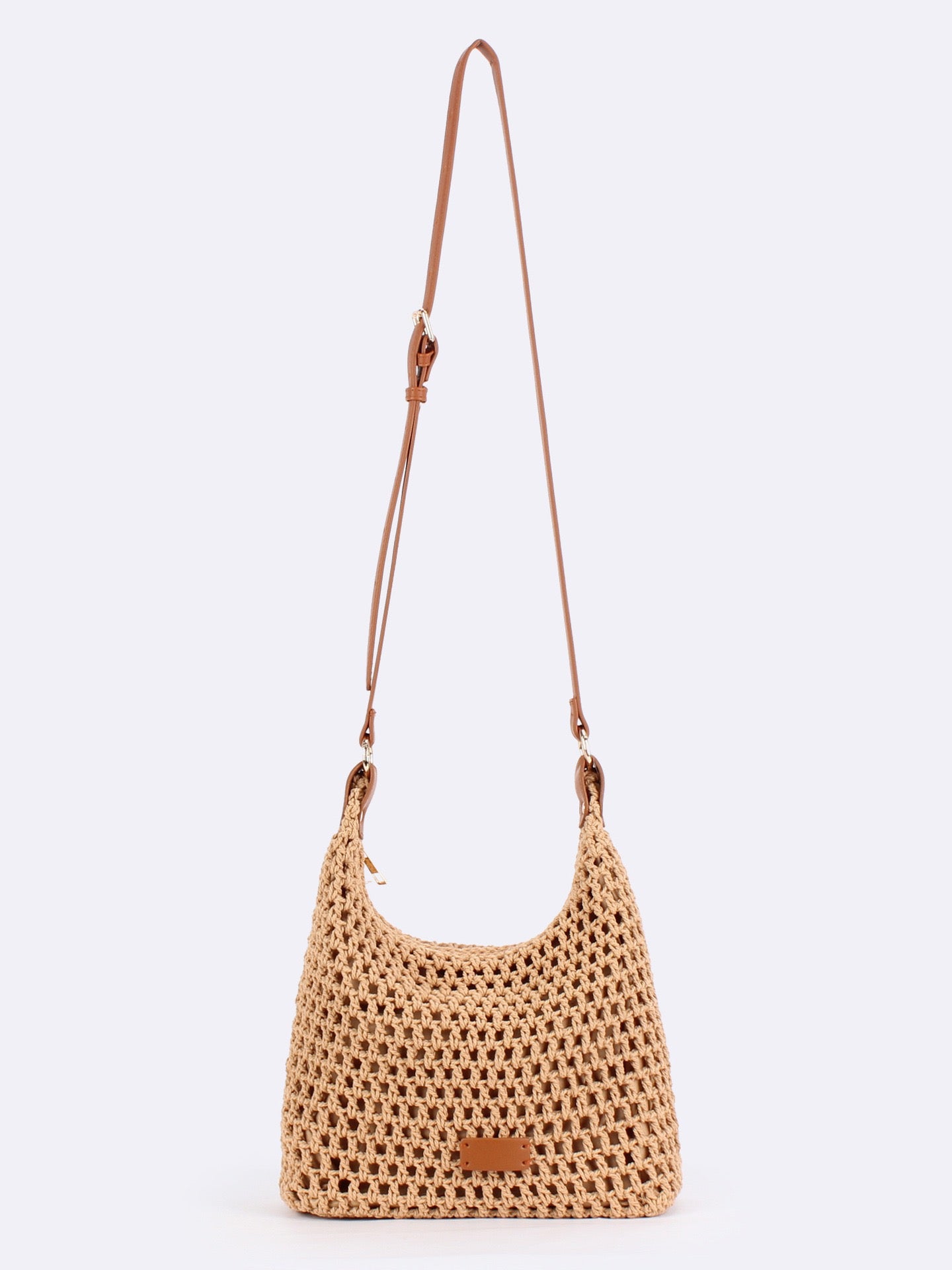Velours Doré — Sac bandoulière crochet ajouré camel, anse cuir réglable