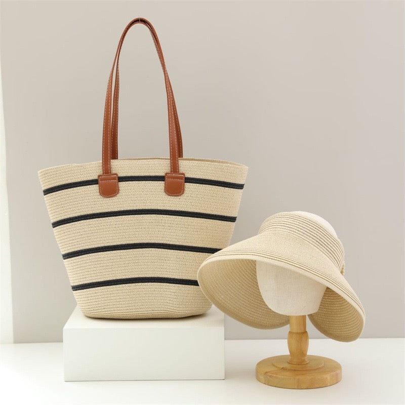 Marrakech Duo — Cabas rayé anses cuir & chapeau large bord